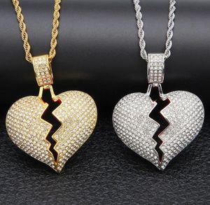 Broken Heart Iced out Pendant Necklace Men's Bling Crystal rhinestone Love charm Gold Silver Twisted chain For women Hip hop Jewelry