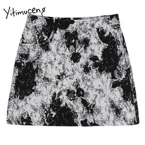 Yitimuceng saia vintage mulheres bolsos de impressão floral mini cintura alta a linha vestuário preto verão raias de moda coreana 210601
