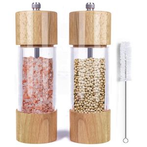 Wooden Salt and Pepper Grinder Set, Manual Mills with Acrylic Visible Window Cleaning Brush, 2 Pack 210712