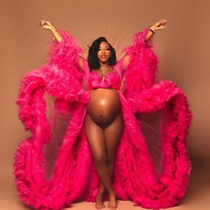 Afrikanisches Hot Pink Umstandskleid Roben für Fotoshooting oder Babyparty Rüschen Tüll Schicke Frauen Ballkleider Rüschen Langarm Fotografie Robe Partykleider