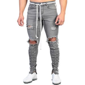 Серые джинсы тощие разорванные разрушенные растягивающиеся пробежки мужчины тонкий подходящий хип-хоп джинсовые брюки с отверстиями для мужчин полосатые джинсы х0621