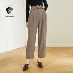 FANSILANEN Pleated casual streetwear pant high waist straight suit Office lady belt loose elegant trousers 210607