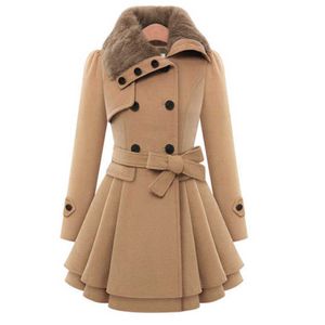 Zarif Yaka Düğme Kış Sıcak Kürk Paltolar Kadınlar Ince Kruvaze Yün Ceket Moda Siper Dantel-Up Fırfır Ceketler 210930