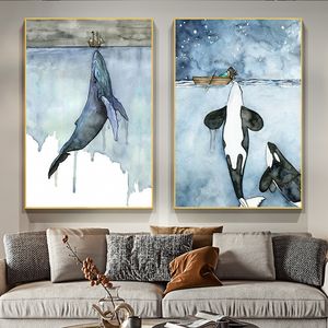 Orca Pittura ad acquerello Balena Paesaggio marino Immagini da parete Poster e stampe Pittura Cuadros Opere d'arte per soggiorno Decorazioni per la casa