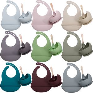 Naczynia Baby Set Silikonowe Bibs Płyta Non-SILP Bowl Zastawa Dzieci Wodoodporna BIB BPA Bezpłatna łyżka 3 sztuk / Ustaw bezpieczny materiał Czysty i łatwy do prania