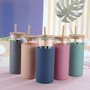 20oz Single-Wall Tumbler Protective Sleeve Wood Lid Glass Cup Bottle with Straw Outdoor Tea Juice Cup Drinkware RRA12105