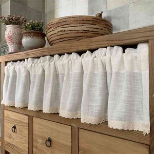 Nordic style Solid White Cotton Linen Fabric Short Curtain for kitchen Lace Hem Wine Cabinet Door Decorative Curtain YB-028 210913