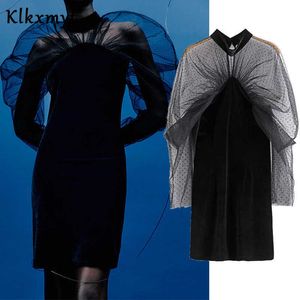 KLKXMYT ZAドレス女性シックなファッションガーゼドットスプライシングベルベットミニビンテージ長袖女性ES Vestidos Mujer 210527