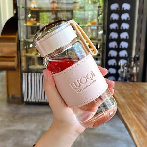 340ML 480ML Portable Cute Heat Resistant Glass Bottle For Drink Cold Water Juice Tea With Screw Lid Filter Net Easy To Carry 211122