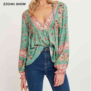 Bohemia Bandage Aberto Botões V Pescoço Cópia Floral Camisa Feriado Mulheres Tie Bow Lacing Up Cintura Longa Sleeve Blouse Tops Beach 210429