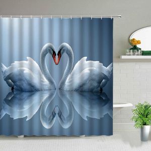 Shower Curtains Beautiful Bird Swan Waterproof Couple Heart Shape Animal Printing Cloth Curtain Home Bathroom Decor Bath Screens