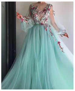 2021 Långärmade Evening Dress Party Gowns Robe de Soiree Formell Prom Klänningar Plugging 3D Flowers Beading Top Aftonklänningar