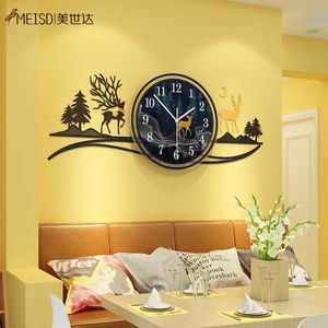 MEISDパンチフリーミラーステッカー時計壁モダンなクォーツ時計大型自己接着ホルロージーホーム装飾キッチンアート210724