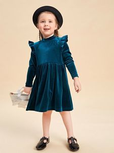 Toddler Girls Mock Neck Ruffle Trim Velvet Smock Dress SHE