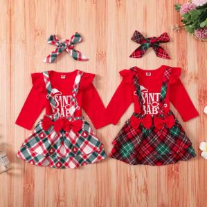 Clothing Sets 3Pcs Christmas Baby Girls Outfit Letter Printing Long Sleeve Romper Plaid Suspender Skirt Headwear Set Xmas Costume