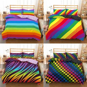 Homesky Rainbow Printing Zestaw Pościel Kolorowe Stripe Comforter Łóżko Pokrywa Twin King Królowa Rozmiar Bedclothes 210615