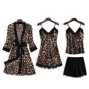 4 sztuk Zestaw Letnia Bielizna Piżamy Zestaw Dla Kobiet Zestawy Szata Sexy Satyna Silk Leopard Drukuj Sukienka Bloku