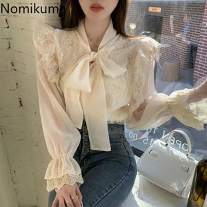 Nomikuma Women Blouse Korean Lace Embroideried Ruffle Shirt Spring Bow Tie Collar Flare Sleeve Elegant Blusas Mujer 6E225 210427
