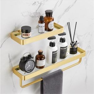 Tiqiu Bathroom Shelf Bath Shower with Towel Bar Brushed Gold Glass 30-50CM Aluminum Kitchen Storage holder 211112