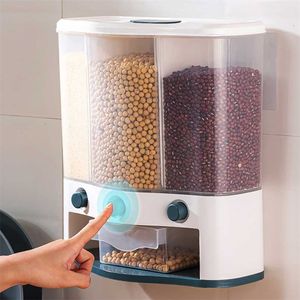 Dispensador automático de cereais para cozinha montado na parede Dispensador de arroz Balde de armazenamento de arroz Tanque de armazenamento de grãos Home Dry Food Ducket Container 211110