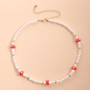 Chokers Gold/Silver Color Cute Simple Red Mushroom Pearl Stone Chain Choker Necklace For Women Handmade Beaded Wedding Jewelry