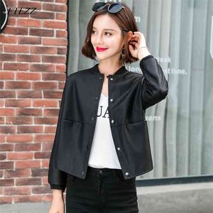 Pu Leather Jacket Women Loose Short Motorcycle Baseball Uniform Ladies Basic Faux Street Outerwear Coat 210430