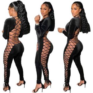 Designer Women Bandage Bodysuit 2022 Spring Sexy Hollow Out Jumpsuits New Fashion Gold Velvet Strap And Rope Rompers