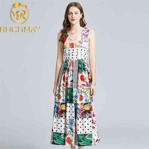 Summer Fashion Designer Vacation Midi Dress Women V-neck Multicolor Floral print Peplum Party Elegant 210506