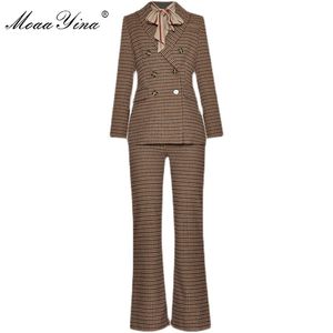 Moda Set Bahar kadın Bluz + Kruvaze Takım Elbise Tops + Pantolon Houndstooth Üç Parçalı Suit 210524