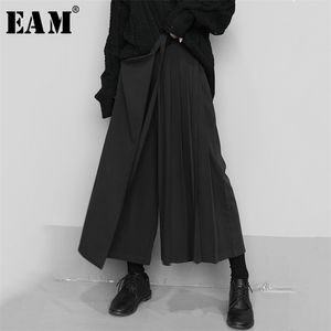 [eam] عالية مرونة الخصر الأسود مطوي سبليت سراويل الساق واسعة فضفاضة صالح بانت أزياء ربيع الخريف 1N666 210721