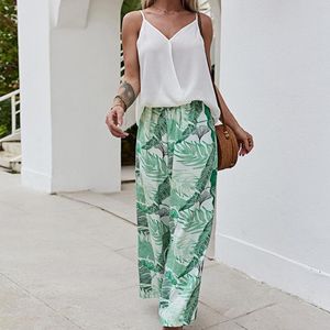 Women's Two Piece Pants Women Pant Sets Casual Loose Outfit Sleeveless Solid Color Fit Wide Leg Leaf Print Camisole Suit Summer