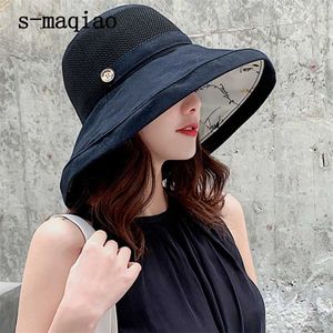 Anti-UV bred brim bomull linne sol hatt för kvinnor semester sommar panama vikbar hink stor koreansk strand 211119