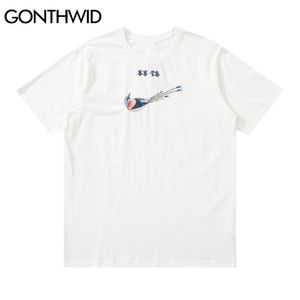 Gonthwid Tees Camiseta Harajuku Bordado Caráter Chinês Magpie Manga Curta Tshirts Streetwear Homens Hip Hop Cotton Tops C0315