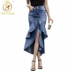 Vintage Ruffle saia de verão mulheres coreano moda alta cintura inclinação assimetria jeans saias senhoras denim sereia 210520