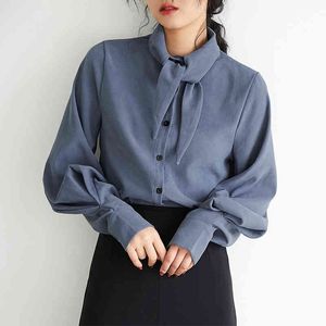 Bow Tie Rabbit Ear Temperament Lantern Sleeve Joker Loose Women Tops and Blouses Hong Kong Style Femal Vintage Shirts GD479 210506