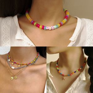 Einfache Persönlichkeit Reis Perlen Halsband Halskette Set Mix Brief Stern Herz Polymer Clay Match Handgemachte Perlen Halsketten Schmuck