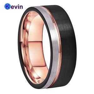 Mens Bröllopsband Tungstenkarbid Ring Svart Rose Guld med Offset Groove och Borste Finish 211217