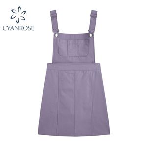Purple Mini Overalls Vest Dress Women Retro Preppy Style Sweet Crop Suspenders Frocks Female High Waist Elastic Streetwear Lady 210515