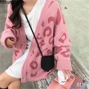 Kore Leopar Örme Uzun Hırka Kazak Kadın Tam Kollu V Yaka Tek Göğüslü Tops Moda Casual Gevşek Süveter Coats 210513