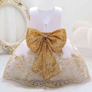 2021 Kwiat Biały Chrzest 1st Urodziny Sukienka Dla Baby Girl Odzież Bow Wedding Princess Sukienki Koronki Party Tutu Dress 1-5 rok G1129