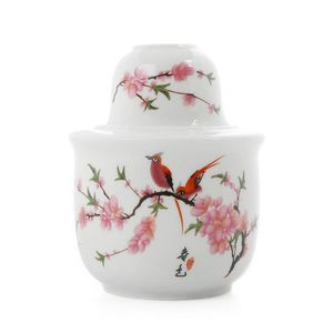 3-delad japansk stil traditionell spritdryckware porslin skull uppsättning med varmare persikan blomma målade vinkanna karafe saki cup