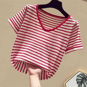 Fashion v krage stripe tröja bottenskjorta Kvinnors lösa tunna pullover sommar is silke kortärmad 210507