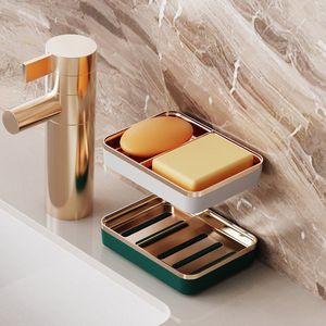 ZL0425 Wall-mounted Double-compartment Soap Dish Plastic Draining Soaps Holder Tray Plate Box Case Container Non-Slip Drain Rack Bathroom Shower Hotel Supplies