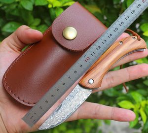 1pcs Högkvalitativ Damaskus Folding Kniv VG10 Damaskuss Stål Drop Point Blade Olive Wood + Rostfritt stålhandtag EDC Pocket Knivar med lädermantel