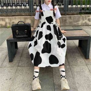 日本の夏の女性サンドレスサスペンダー牛プリントプレッピースタイルノースリーブドレスかわいいカワイイ包帯ミディスウィート210520