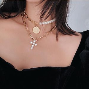Diseño de Lujo imitación Perlas Gargantilla Kraag Mujer Cruz Colgante Collares Para Color Oro Moda Moneda Joyería Chains