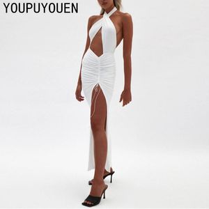 Casual Dresses Women Summer Sexy Hollow Long Halter Party Club Dress Off Shoulder Split Backless Ruched Wrap Bodycon Maxi Clubwear Clothing