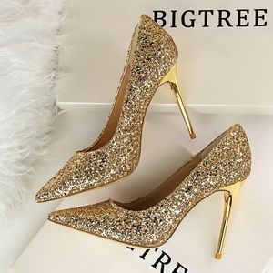 Spring Women Shoes High Heels Glittering Sparkling Shining Pekad Toe Slip på Solid Beige Lila Bröllop Sexiga Pumpar 210520