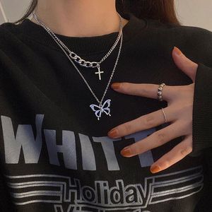 Naszyjniki wisiorek Koreański Moda Hip Hop Biżuteria Akcesoria Srebrny Kolor Podwójna Warstwa Łańcuch Geometryczny Krzyż Motyl Naszyjnik Dla Kobiet