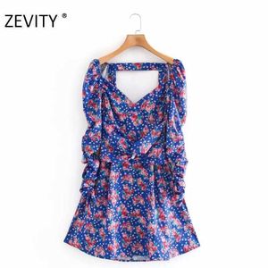 ZEVITY Kadınlar Zarif V Boyun Çiçek Baskı Düğümlü Ince Mini Elbise Kadın Seksi Backless Bir Çizgi Vestidos Chic Parti Elbiseler DS4432 210603